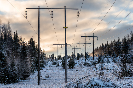 Dual high voltage power lines passing a white winter forest in Sweden with some winter sunlight in the sky