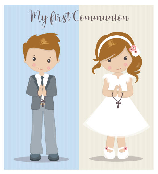 ilustrações, clipart, desenhos animados e ícones de minha primeira garota e filho da comunhão. - communion