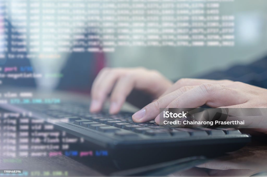 Close Up Programmer Student Man Hand Typing On Keyboard At Computer ...