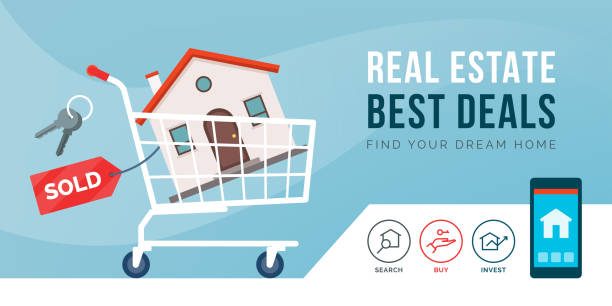 Real estate promotional advertisement with shopping cart Real estate promotional advertisement with shopping cart carrying a house selling stock illustrations