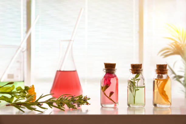 istock Bottles with plant essence in laboratory with venetian blind background 1198470560