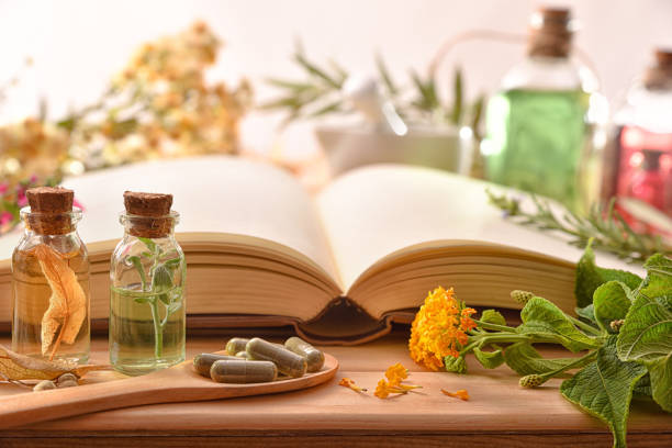 istock Traditional medicine with herbs and book on table front view 1198470596