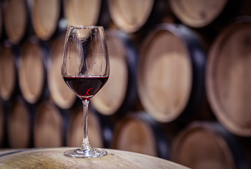Closeup glass with red wine on background wooden wine oak barrels stacked in straight rows in order, old cellar of winery, vault. Concept professional degustation, winelover, sommelier travel