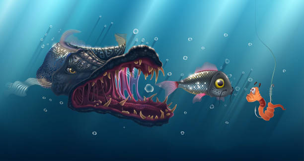 istock Predatory fish underwater, ancient shark vector illustration, fishing poster with pike over blue background, fishing live bait in river, deep sea landscape drawing. 1198475560
