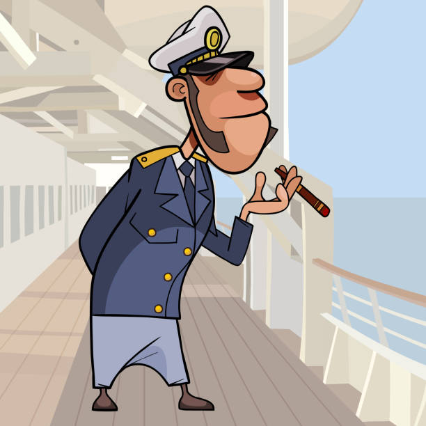 istock cartoon ship captain stands with cigar on deck of ship 1198476030