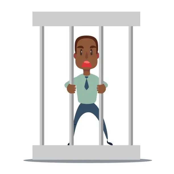 Vector illustration of Sad businessman in office suit in prison behind the bars with metal ball chained to his leg. Financial crime concept