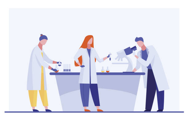 Lab assistants doing research Lab assistants doing research. People in white coats using microscope, test tubes flat vector illustration. Laboratory, chemistry, medical test concept for banner, website design or landing web page science lab stock illustrations