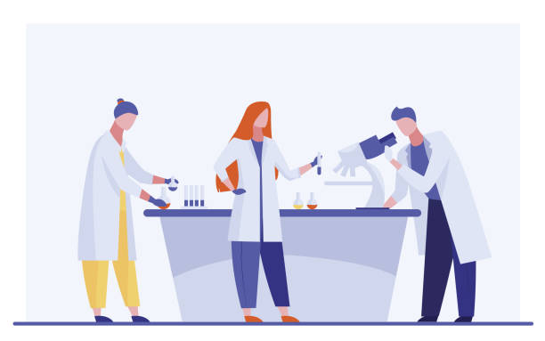 Lab assistants doing research Lab assistants doing research. People in white coats using microscope, test tubes flat vector illustration. Laboratory, chemistry, medical test concept for banner, website design or landing web page pharmacist cartoon stock illustrations
