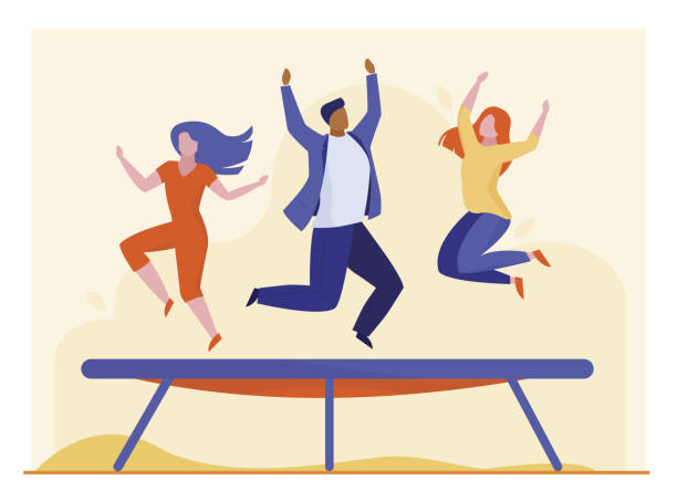 People jumping on trampoline People jumping on trampoline. Friends enjoying activity, having fun flat vector illustration. Bouncing, tumbling, entertainment concept for banner, website design or landing web page jumping illustrations stock illustrations