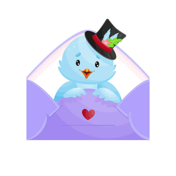 ilustrações de stock, clip art, desenhos animados e ícones de blue bird in a tall hat in a love letter. vector illustration. - birdsong bird singing tall