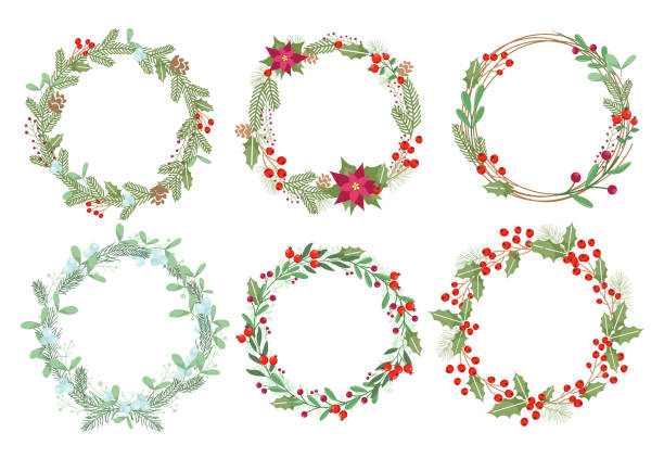 ilustrações de stock, clip art, desenhos animados e ícones de christmas wreaths flat vector illustrations set. traditional xmas decoration with mistletoe, ilex and poinsettia flowers. round botanical frames with text space. winter season decorative elements. - arranjo de flores