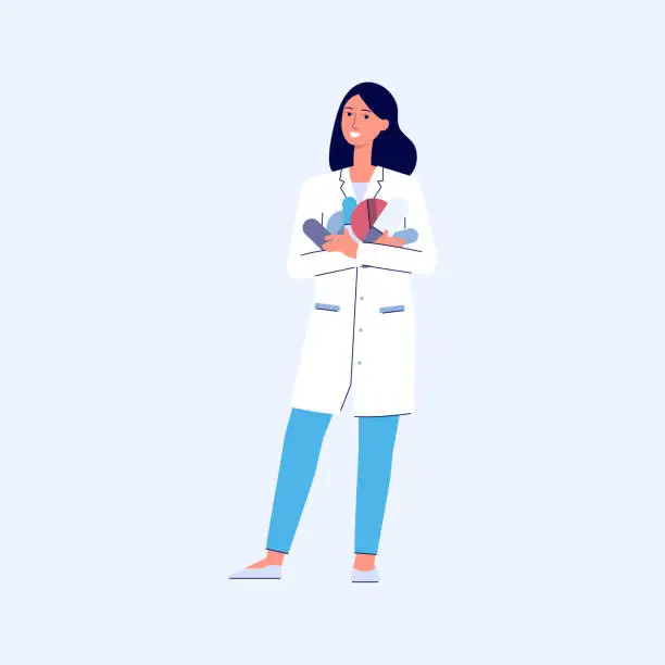 Vector illustration of Cartoon pharmacist woman holding big pile of pills - isolated female doctor