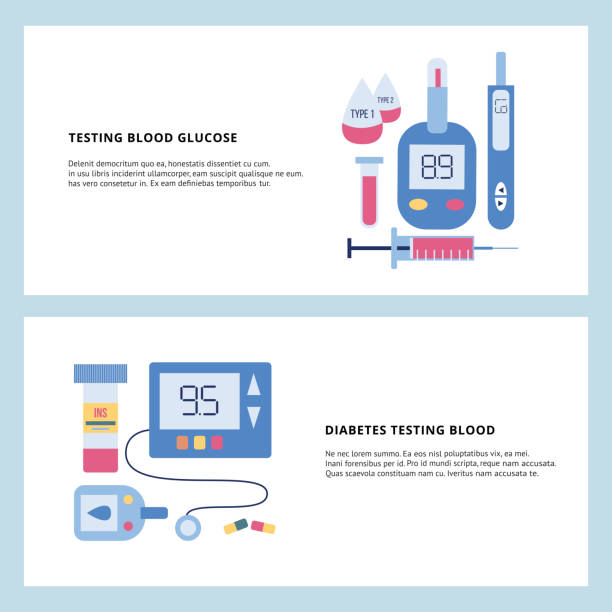 illustrations, cliparts, dessins animés et icônes de ensemble de bannière de diabète - équipement de test de glucose sanguin et médecine - insulin sugar syringe bottle