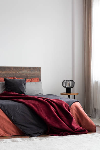 istock Copy space on empty white wall of rustic bedroom interior with king size bed with orange bedding and burgundy blanket 1198488510