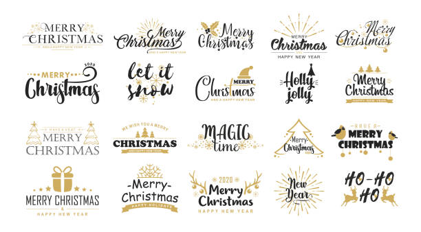 illustrazioni stock, clip art, cartoni animati e icone di tendenza di auguri di natale flat vector adesivi set. natale desidera eleganti caratteri neri e doati. messaggi di buon natale, frasi festive con simboli invernali decorativi. elementi di design cartolina di capodanno. - buone vacanze frase breve