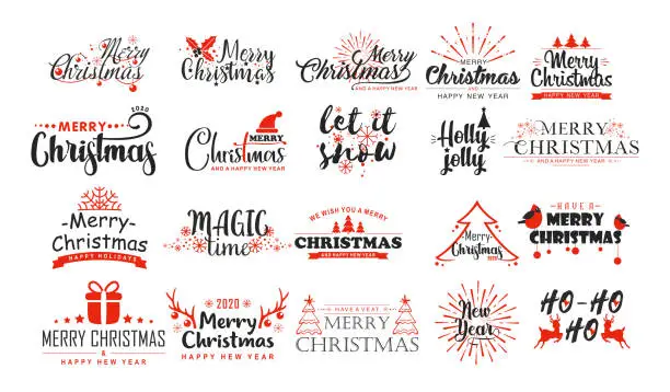 Vector illustration of Christmas wishes flat vector stickers set. Xmas greetings black and red lettering. Merry Christmas message with decorative winter symbols. Funny festive phrases. New Year greeting card design elements.