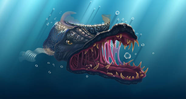 istock Predator fish seascape, shark drawing under water landscape, predatory pike in deep sea, ancient shark vector wildlife illustration, fishing poster with wild fish over blue background. 1198492319
