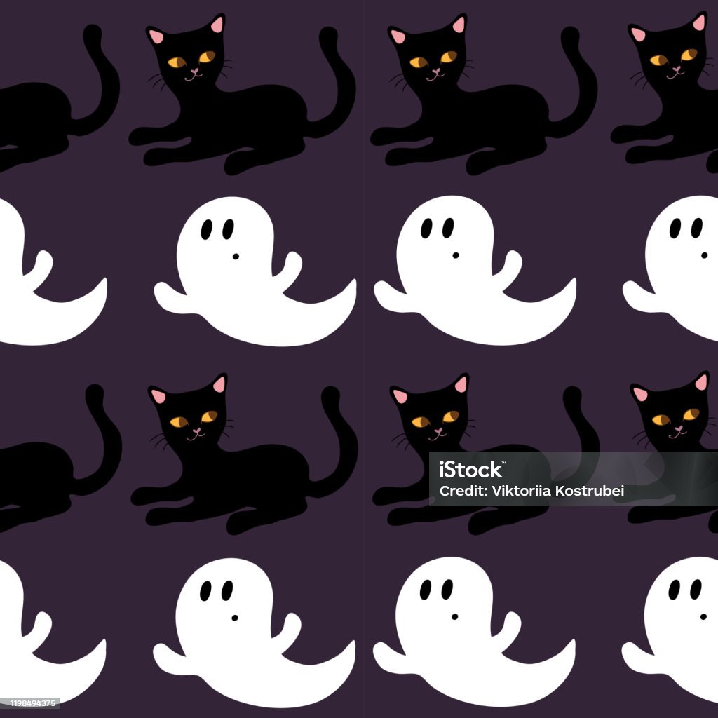 Mô Hình Liền Mạch Của Mèo Đen Và Ma Nền Màu Tím Thích Hợp Để Trang ...