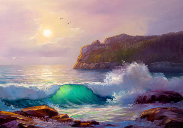 istock Sunset over sea, painting by oil on canvas. 1198495463