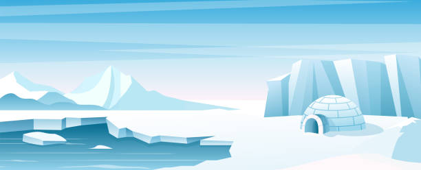 ilustraciones, imágenes clip art, dibujos animados e iconos de stock de paisaje ártico con ilustración vectorial plana de la casa de hielo - arctic