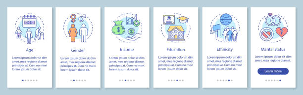 ilustraciones, imágenes clip art, dibujos animados e iconos de stock de datos demográficos que incorpora la pantalla de la página de la aplicación móvil con conceptos lineales. el tutorial de segmentación de audiencias pasa instrucciones gráficas. ux, ui, plantilla vectorial gui con ilustraciones - marketing social media facebook youtube