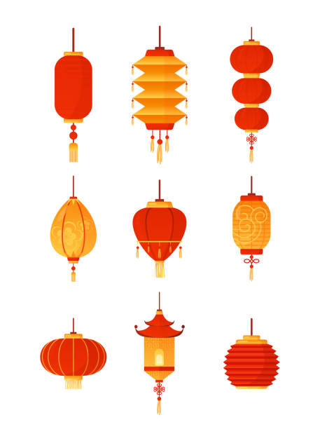 Vector illustration of Chinese lanterns set on white background. Traditional red lantern-lights collection, celebration decorations. China culture concept. Vector illustration of Chinese lanterns set on white background. Traditional red lantern-lights collection, celebration decorations. China culture concep religious christmas greetings stock illustrations