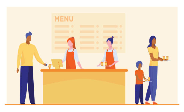 Fast food restaurant counter Fast food restaurant counter. Checkout, cashiers, menu, customers with trays flat vector illustration. Cafe, diner, eating concept for banner, website design or landing web page retail clerk illustrations stock illustrations
