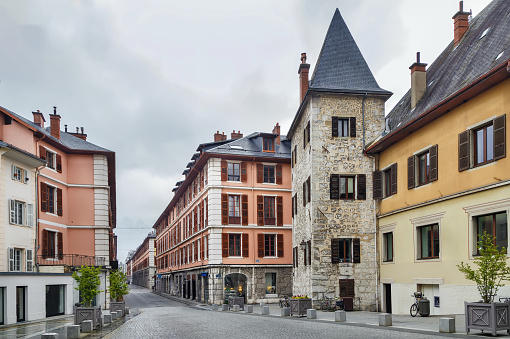 Street with historical houses in Chambery city center, France