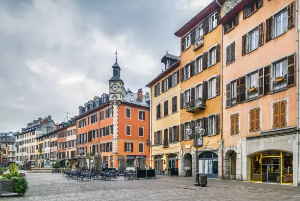 Street with historical houses in Chambery city center, France