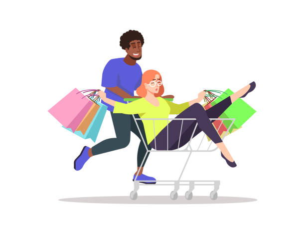 istock Young people doing shopping flat vector illustration. Shopaholics isolated cartoon characters on white background. Presents, bags. Girl in trolley. Happy customers on seasonal sale, discount 1198498256