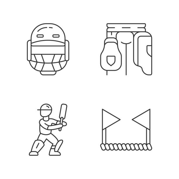 ilustraciones, imágenes clip art, dibujos animados e iconos de stock de conjunto de iconos lineales de campeonato de cricket. torneo deportivo. casco, protector de muslos, bateador, límite. juego de murciélagos y pelotas. símbolos de contorno de línea fina. ilustraciones de contorno vectoriales aislados. trazo editable - sport of cricket practicing cricket player net