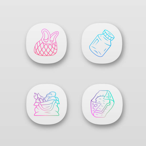 Zero waste kitchen accessories app icons set Zero waste kitchen accessories app icons set. Textile bag, mesh tote. Recyclable beeswax wrap. Refillable spices jar. UI/UX user interface. Web or mobile applications. Vector isolated illustrations beeswax wrap stock illustrations