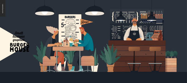 Burger house - small business graphics - visitors and bartender Burger house -small business graphics - visitors and bartender -modern flat vector concept illustrations -young couple eating burgers at the table in burger restaurant, interior, waiter at bar counter cafe bar counter stock illustrations