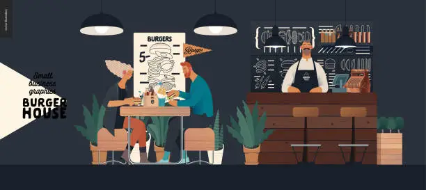 Vector illustration of Burger house - small business graphics - visitors and bartender