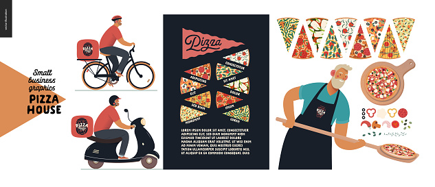 Pizza house -small business graphics -baker and delivery. Modern flat vector concept illustrations -man with a peel, putting pizza into oven, slices, ingredients, poster. Pizza guy on bicycle, scooter