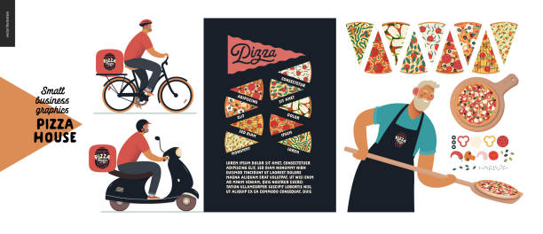 Pizza house - small business graphics - baker and delivery man Pizza house -small business graphics -baker and delivery. Modern flat vector concept illustrations -man with a peel, putting pizza into oven, slices, ingredients, poster. Pizza guy on bicycle, scooter pizzeria stock illustrations