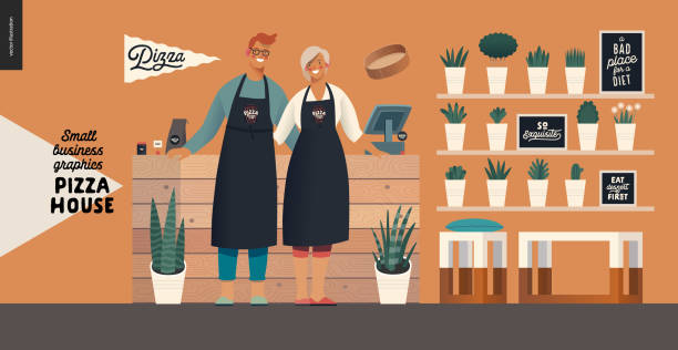 Pizza house - small business graphics - owners Pizza house - small business graphics - owners. Modern flat vector concept illustrations - man and woman wearing aprons standing at the wooden counter, interior decoration - shelves, furniture, plants small business owner stock illustrations