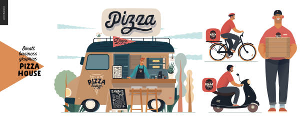пицца дом - малый бизнес графика - доставка - street food illustrations stock illustrations