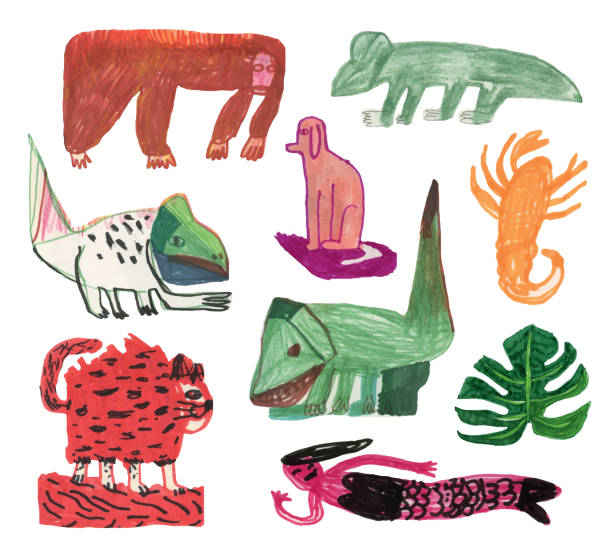 Set of exotic animals Felt tip pen drawing of orangutang, dog, mermaid, cat and dinosaurs and cheese plant leaf scorpions drawings stock illustrations