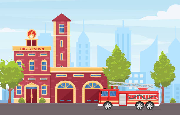 budynek straży pożarnej na zewnątrz płaskiej ilustracji wektorowej - fire engine flash stock illustrations
