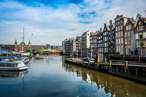 Amsterdam Canal, Pier And Different Modes Of Transport