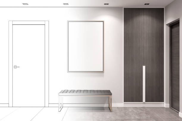 istock Sketch of the empty hallway became a real interior with closed doors, a wardrobe, a bench and a blank mockup poster on the wall. Front view. 1198506074