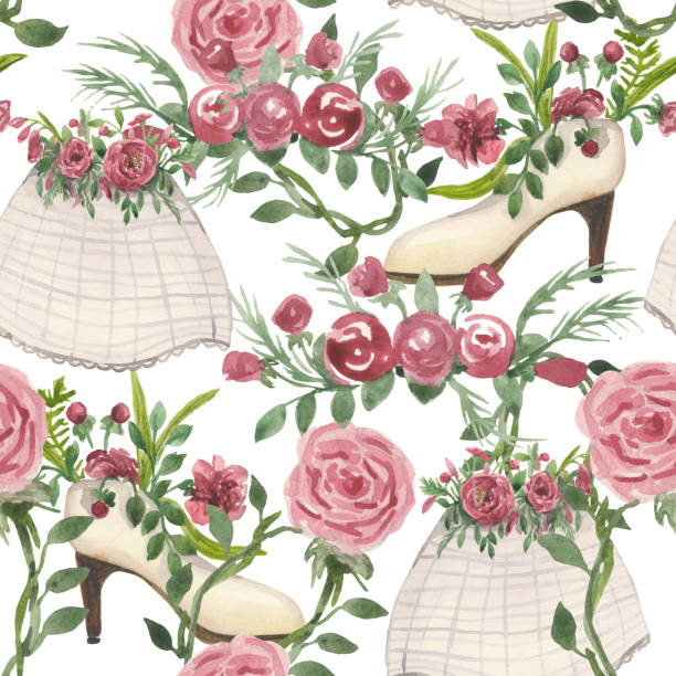 wzór akwareli na temat ślubu - wedding invitation rose flower floral pattern stock illustrations
