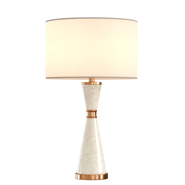 A table lamp with a soft-pink lampshade and a light-beige base on a white background. 3d rendering