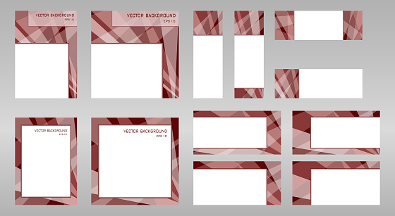 Big set of layouts in chocolate hues. Covers A4, square templates, 8 banners with text place. Flat geometric pattern. Vector abstract background for book, presentation, brochure, poster, booklet, leaflet, web. EPS10 illustration