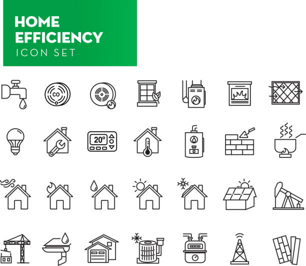 Set of Home Efficiency icon in thin line style Vector illustration of a Set of Home Efficiency icon in thin line style. Includes lot's of exterior home and weather elements such as furnace, hot water tank, thermostat, windows, natural gas or resources icons for efficiency, LED lighting, heating, cooling cooking, air flow, co2 detector, smoke alarm, eco-friendly building supplies and construction, drainage and plumbing, Black and white set in EPS 10 format. furnace stock illustrations