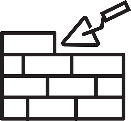 Vector illustration of a Home Efficiency building bricks with trowel icon in thin line style. Black and white set in EPS 10 format.