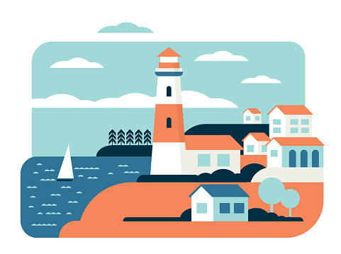 Lighthouse flat vector illustration. Coast tower. Navigational aid for sailors. Marine building. Sea port. Summer travel, sea town landscape. Mediterranean city, cruise ship. Seaside coast