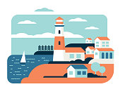 istock Lighthouse wonderful ocean landscape flat vector illustration 1198512535