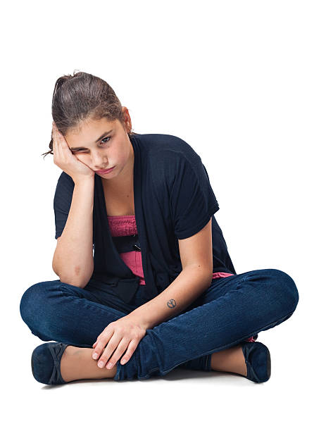 sad and pensive girl  sad girl crouching stock pictures, royalty-free photos & images